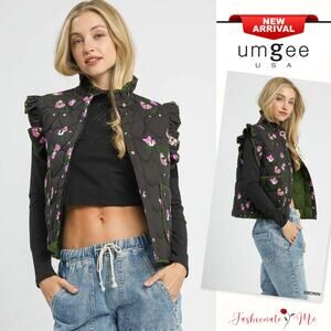Umgee Ruffled Sleeves Floral Print Snap Button Down Quilted Vest Jacket | Brown